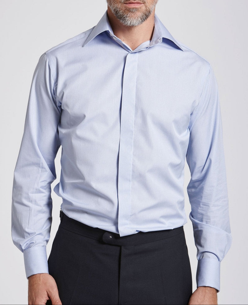 Lewis Blue Fine Check Made To Measure Shirt MODEL SHOT