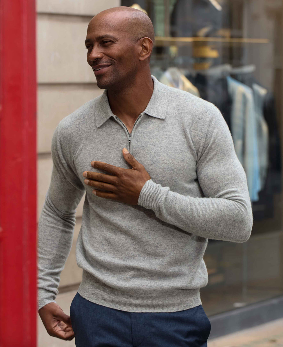 Light Grey Mens Merino Wool Long Sleeve Polo Shirts Hindhead Merino Wool  Polo Shirt In Light Grey Mix – Alan Paine