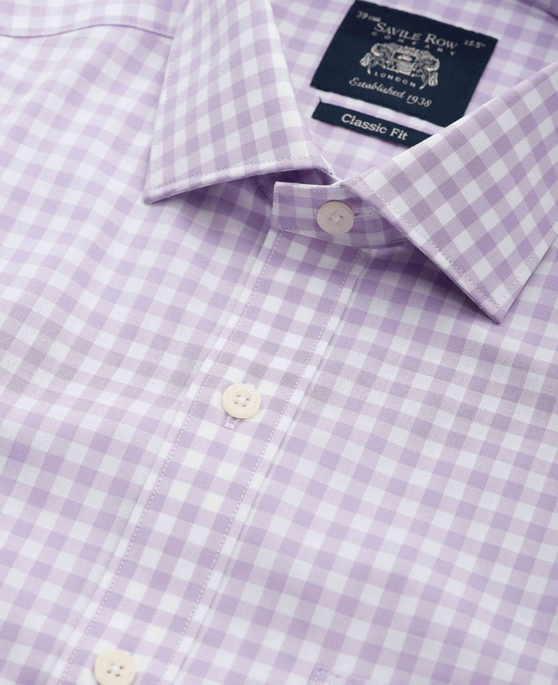 Men's Lilac Cotton Check Classic Fit Formal Shirt With Single Cuffs collar detail