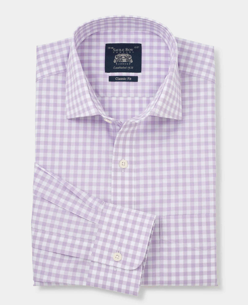 Men's Lilac Cotton Check Classic Fit Formal Shirt With Single Cuffs folded