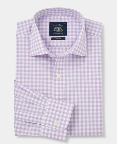 Men's Lilac Cotton Check Slim Fit Formal Shirt With Single Cuffs folded