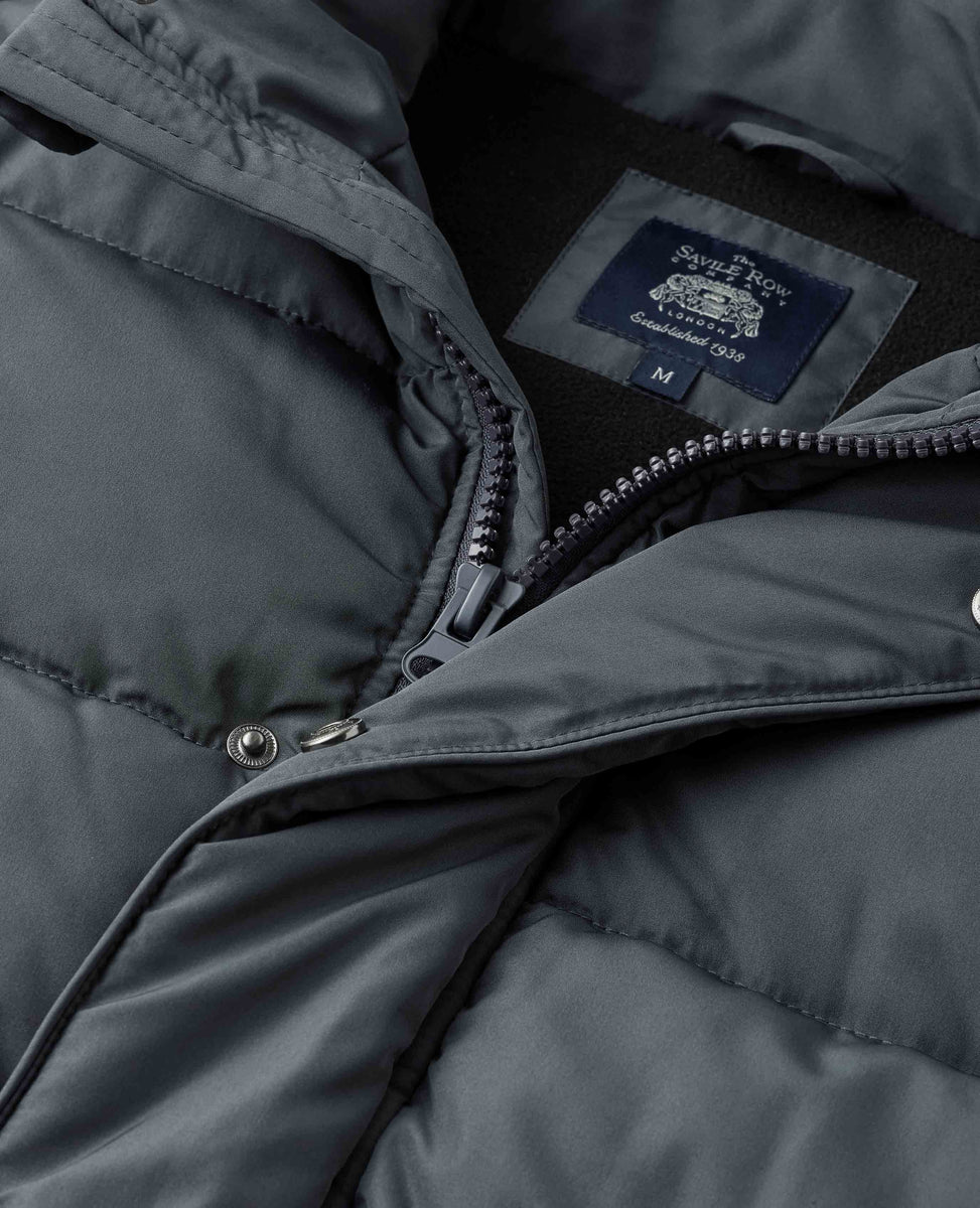 Dark Grey Hooded Puffer Jacket with Rib Knit Storm Cuffs, view 2