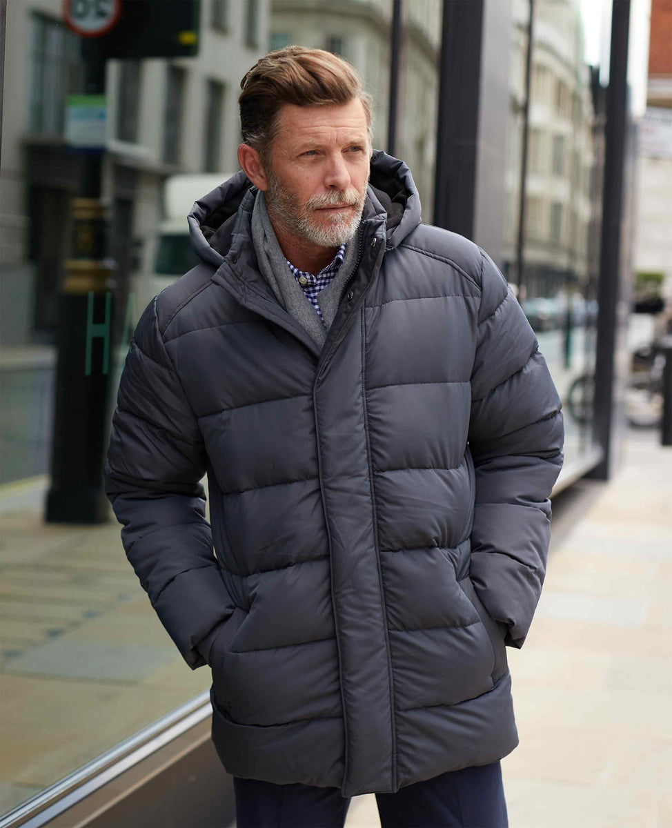 Dark Grey Hooded Puffer Jacket with Rib Knit Storm Cuffs, view 1