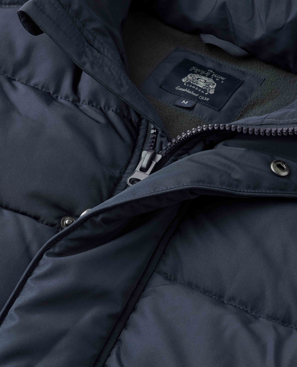 Navy Hooded Puffer Jacket with Rib Knit Storm Cuffs, view 2