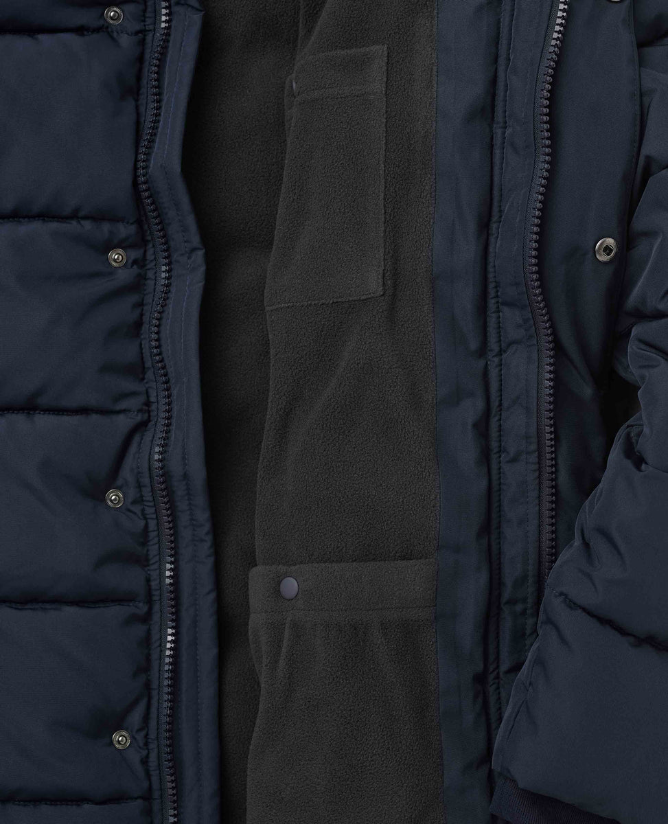 Navy Hooded Puffer Jacket with Rib Knit Storm Cuffs, view 3