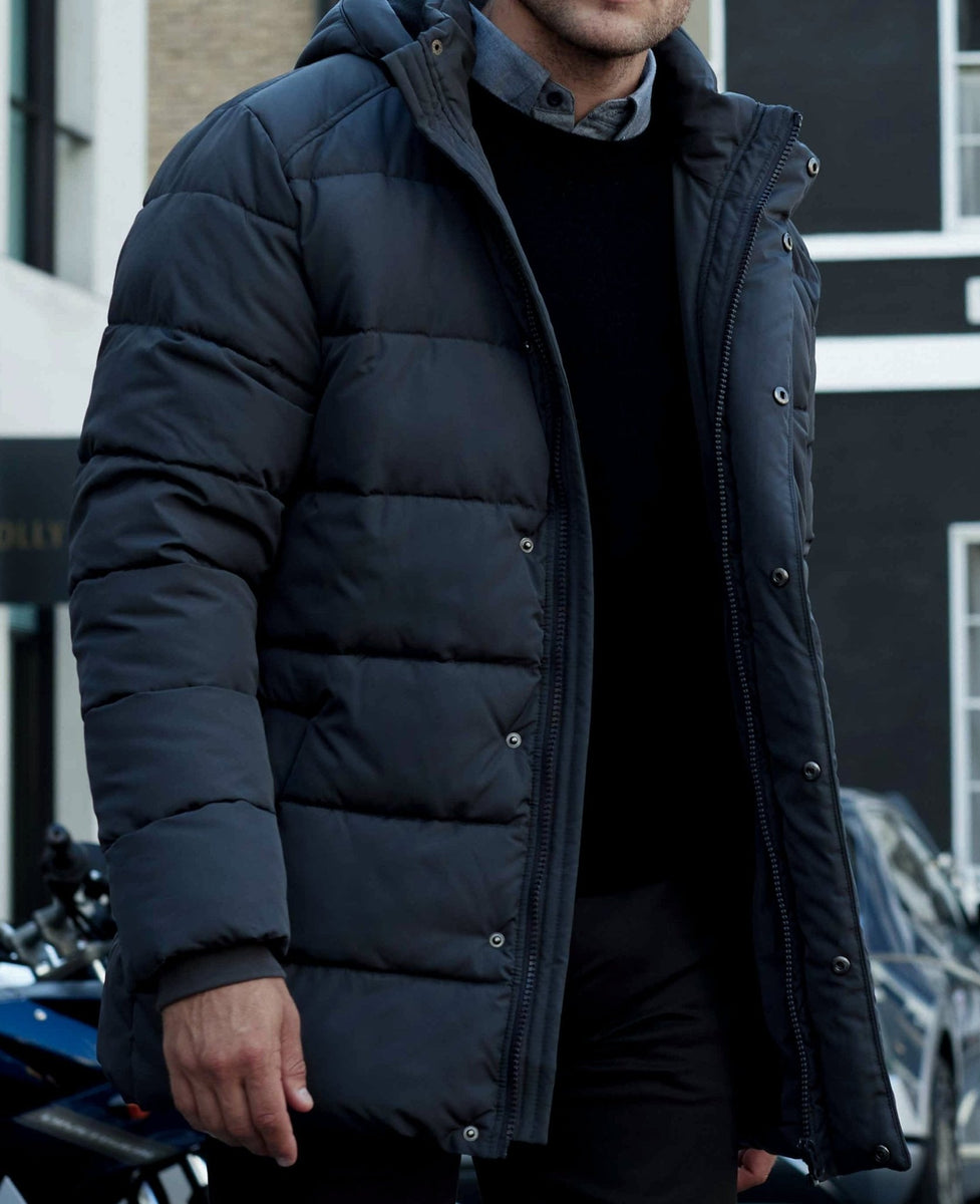 Navy Hooded Puffer Jacket with Rib Knit Storm Cuffs, view 1
