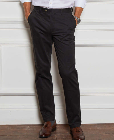 Men's Black Stretch Cotton Classic Fit Flat Front Chinos