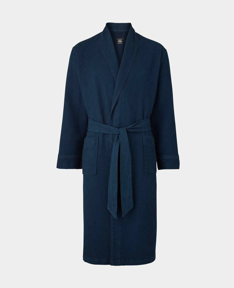 Men's Navy Cotton Waffle Dressing Gown Savile Row Company