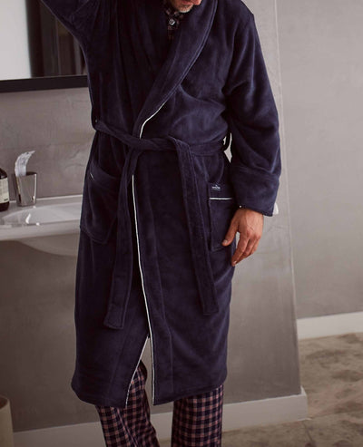 Men's Navy Fleece Super Soft Dressing Gown With Piping