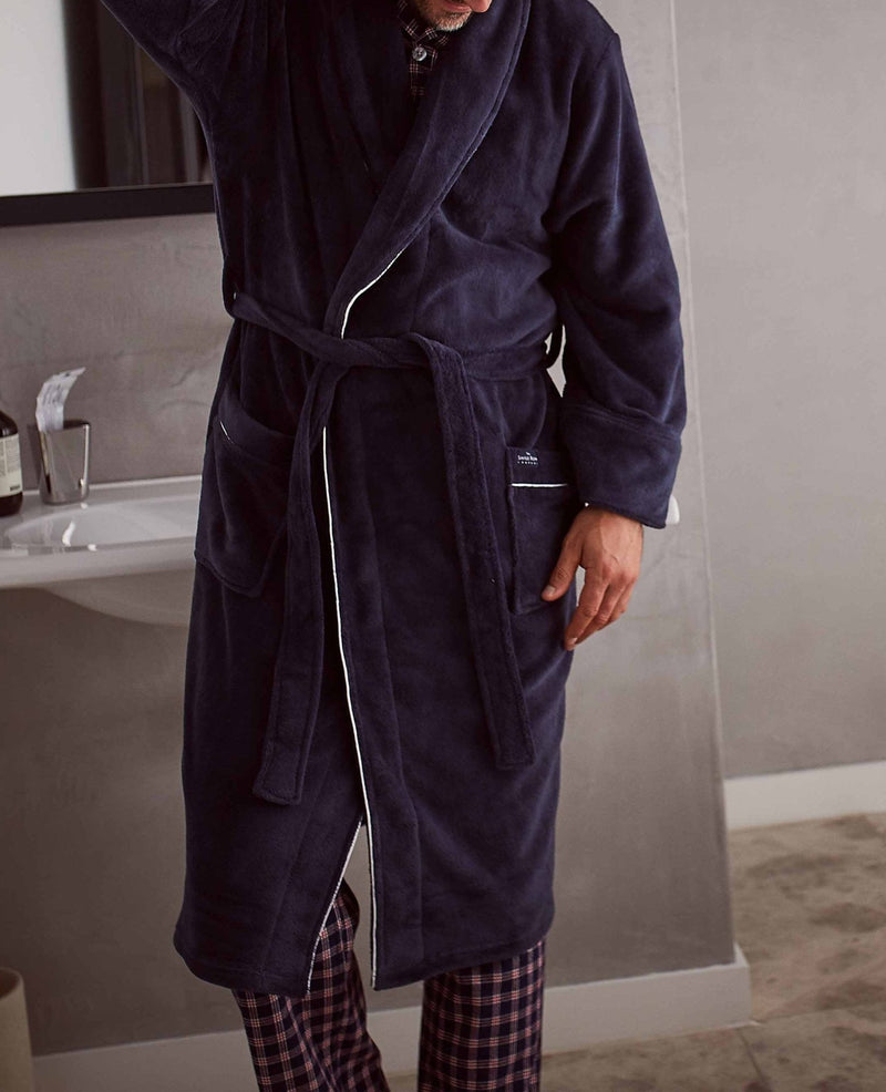Men's Navy Fleece Super Soft Dressing Gown With Piping