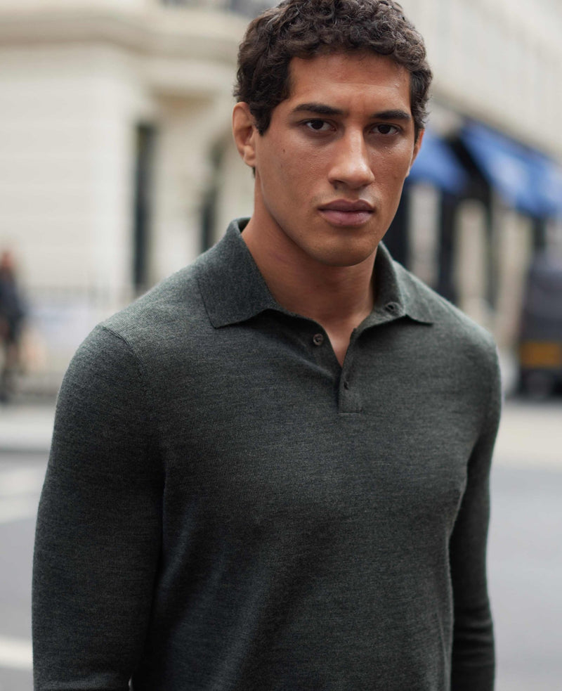 Charcoal Merino Wool Knitted Polo Shirt