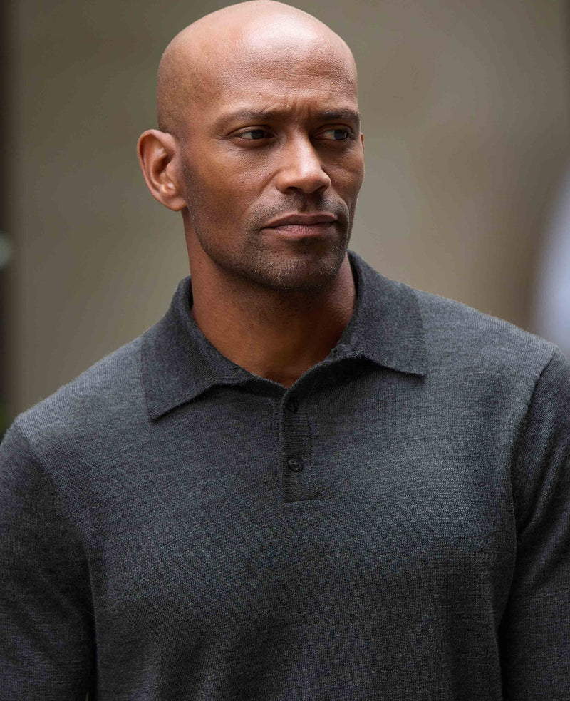 mens charcoal merino wool knitted polo shirt mkw527chr model image 2