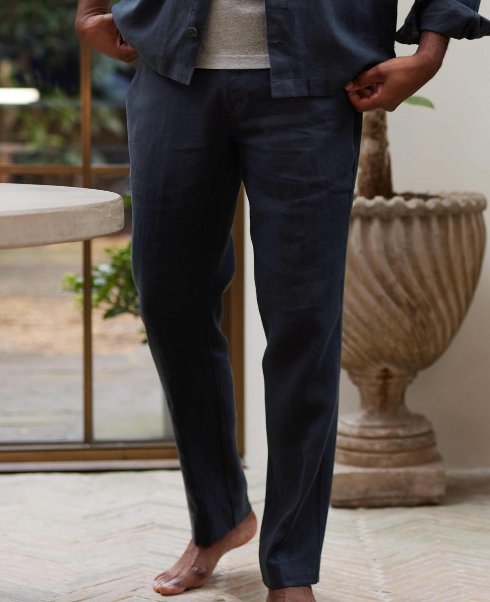 Navy Ethan Herringbone Linen Dress Trousers
