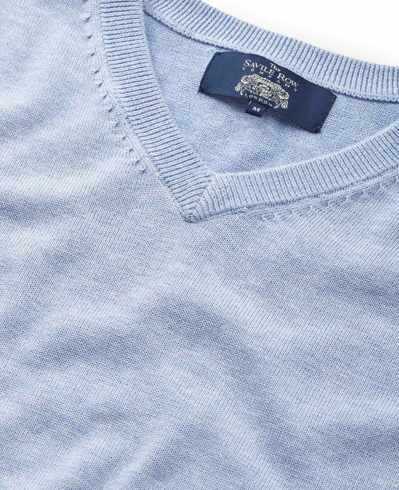 Light Blue Cotton-Blend V-Neck Jumper