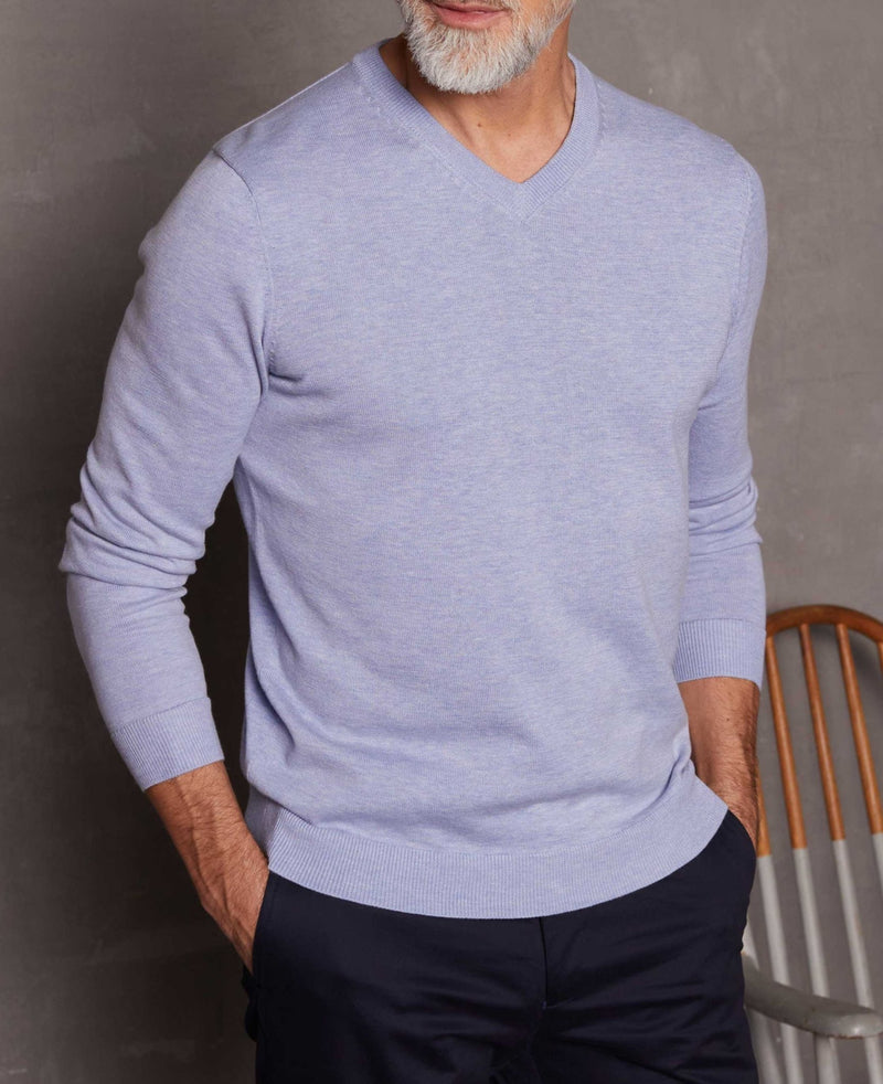Light Blue Cotton-Blend V-Neck Jumper