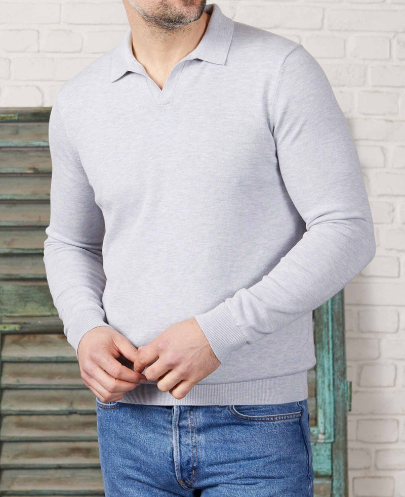 Men's Light Grey Open Collar Knit Polo