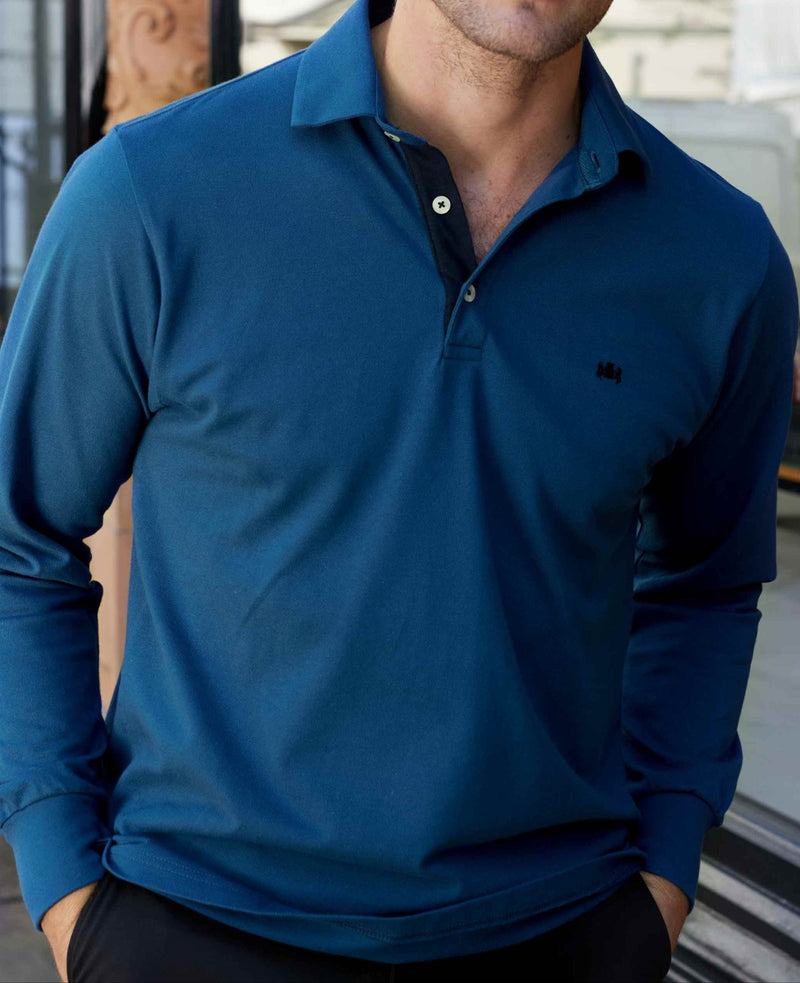 Denim Blue Long Sleeve Polo Shirt