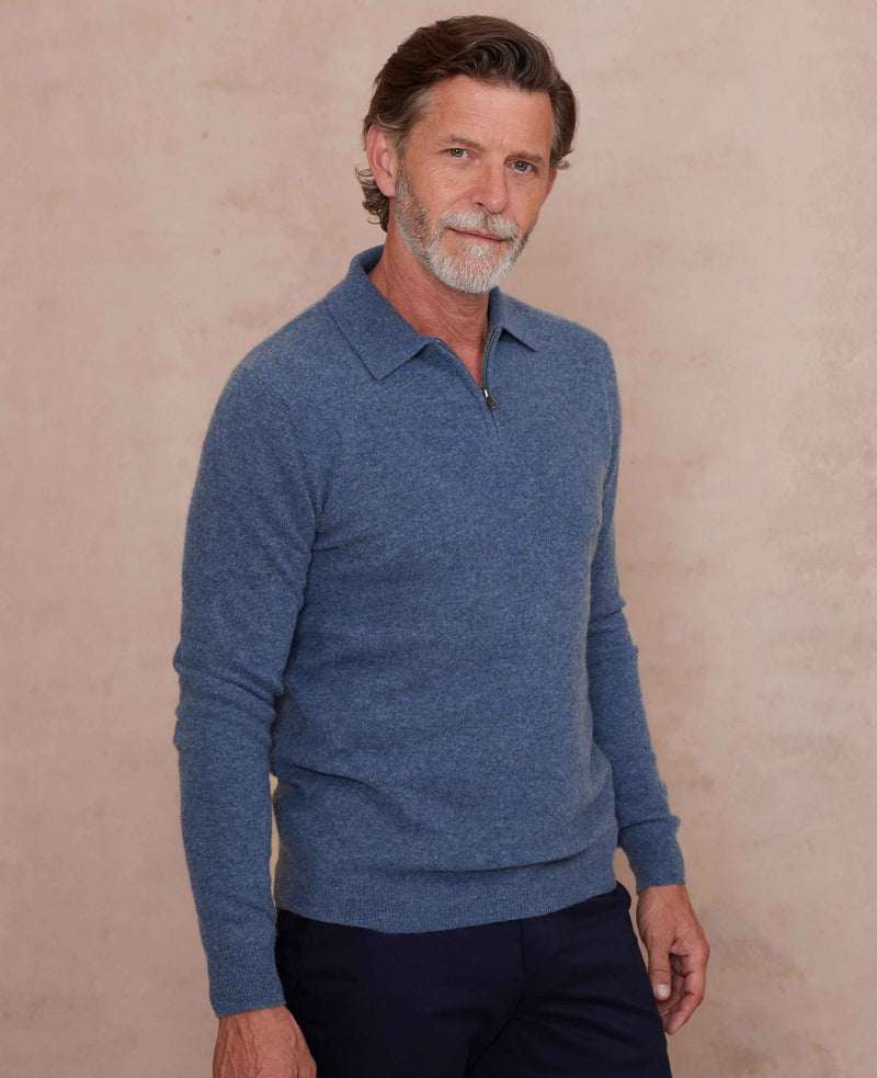 navy blue merino wool cashmere zip neck long sleeve polo shirt mkw566ind model image 2