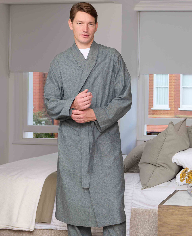 Navy Brushed Cotton Twill Herringbone Dressing Gown