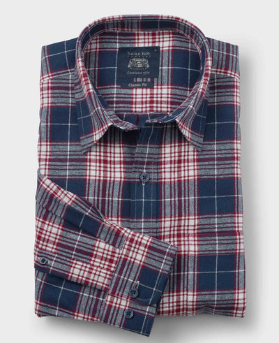 Navy Burgundy Brushed Cotton Check Classic Fit Casual Shirt