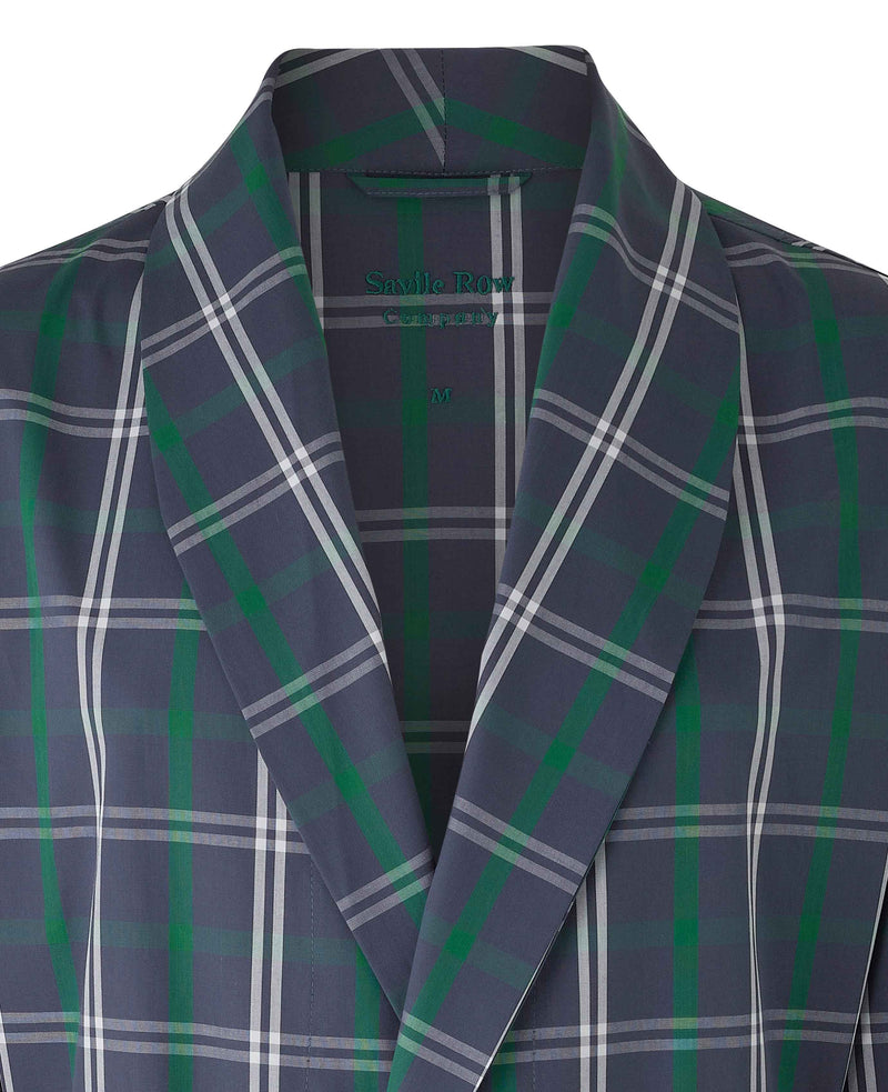 Men's Navy Check Cotton Dressing Gown collar detail