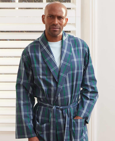 Men's Navy Check Cotton Dressing Gown model shot