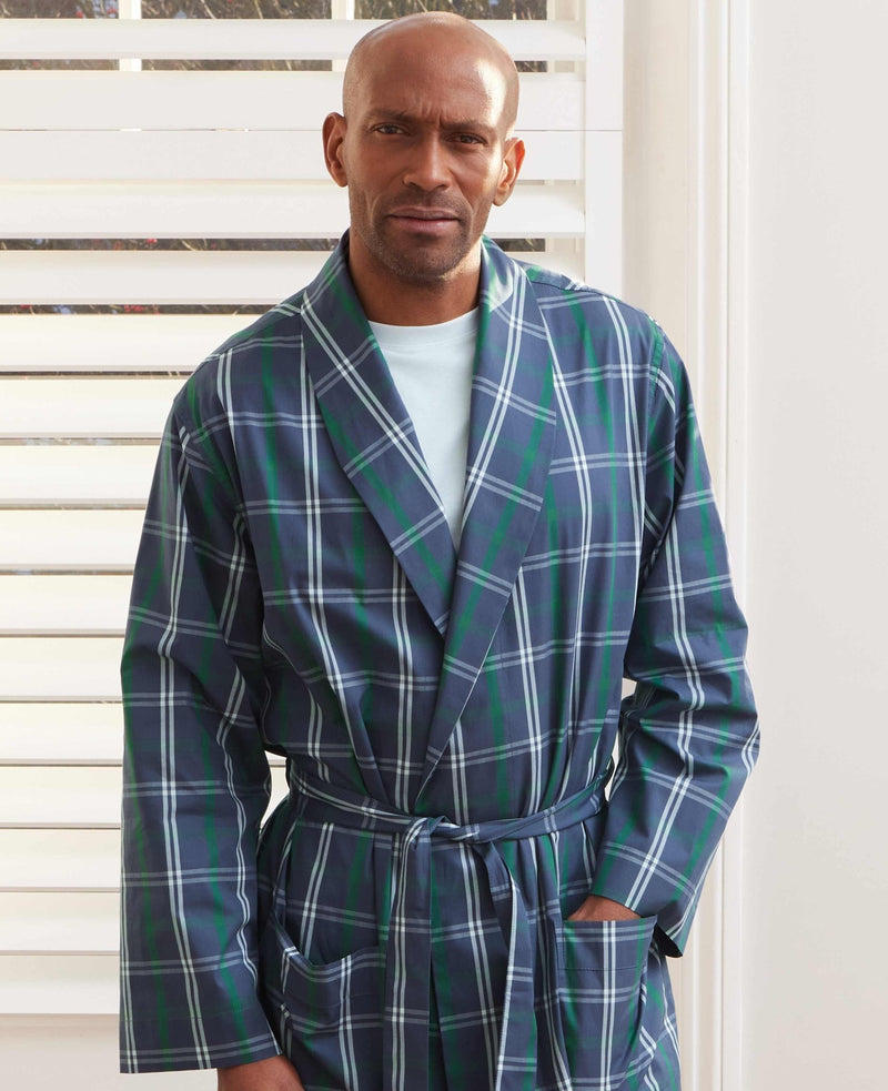 Men's Navy Check Cotton Dressing Gown model shot