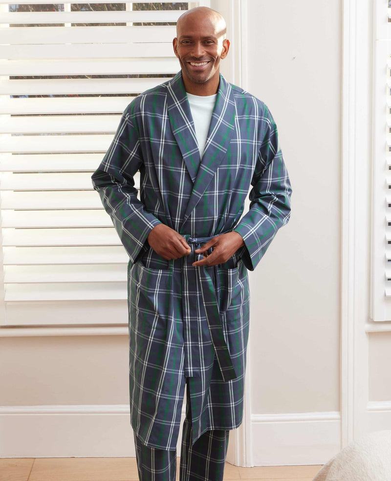 model shot of Men's Navy Check Cotton Dressing Gown
