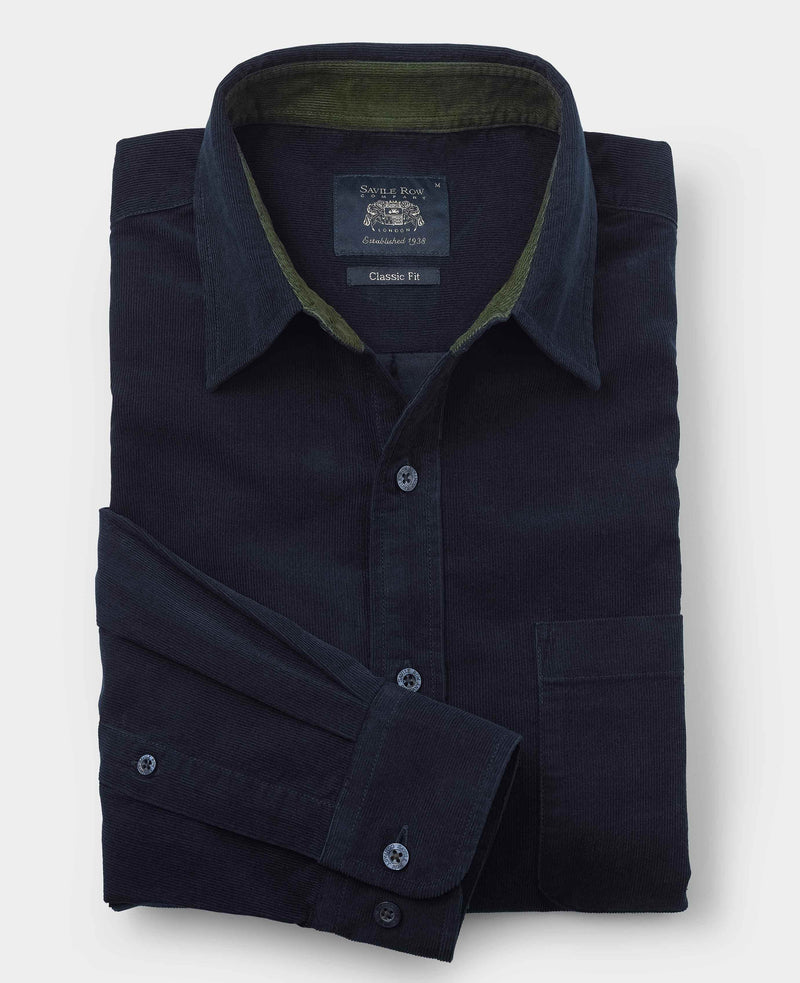 Navy Cotton Babycord Classic Fit Casual Shirt