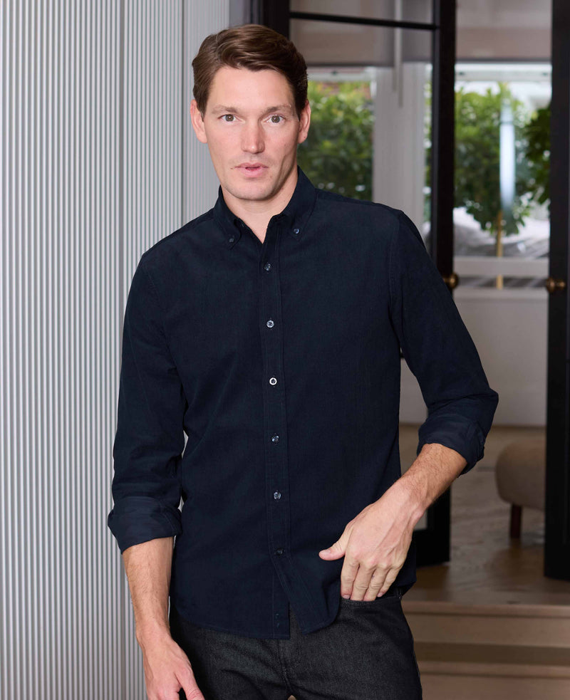Navy Cotton Babycord Classic Fit Casual Shirt