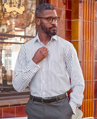 Men's Navy Cotton Classic Fit Striped Formal Shirt model image