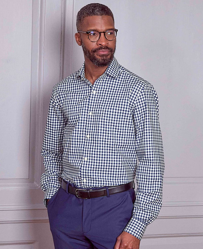 Navy Cotton Gingham Check Classic Fit Formal Shirt - Single Cuff