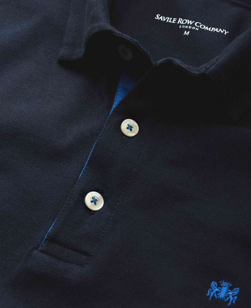 Men's Navy Cotton Pique Long Sleeve Polo Shirt collar detail