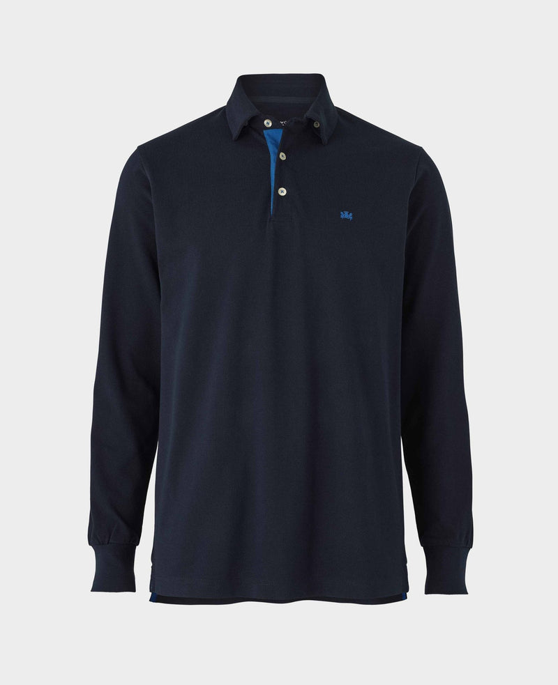 Men's Navy Cotton Pique Long Sleeve Polo Shirt mannequin