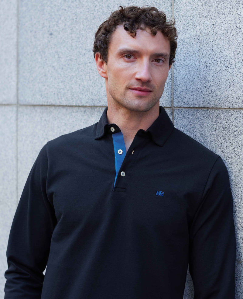 Navy Cotton Pique Long Sleeve Polo Shirt