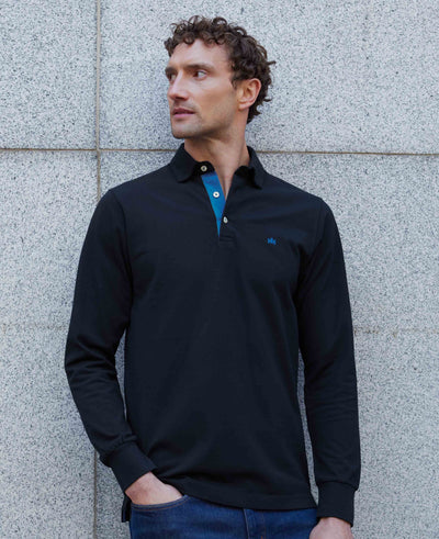 Navy Cotton Pique Long Sleeve Polo Shirt
