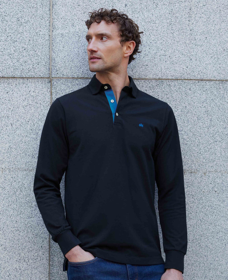 Navy Cotton Pique Long Sleeve Polo Shirt