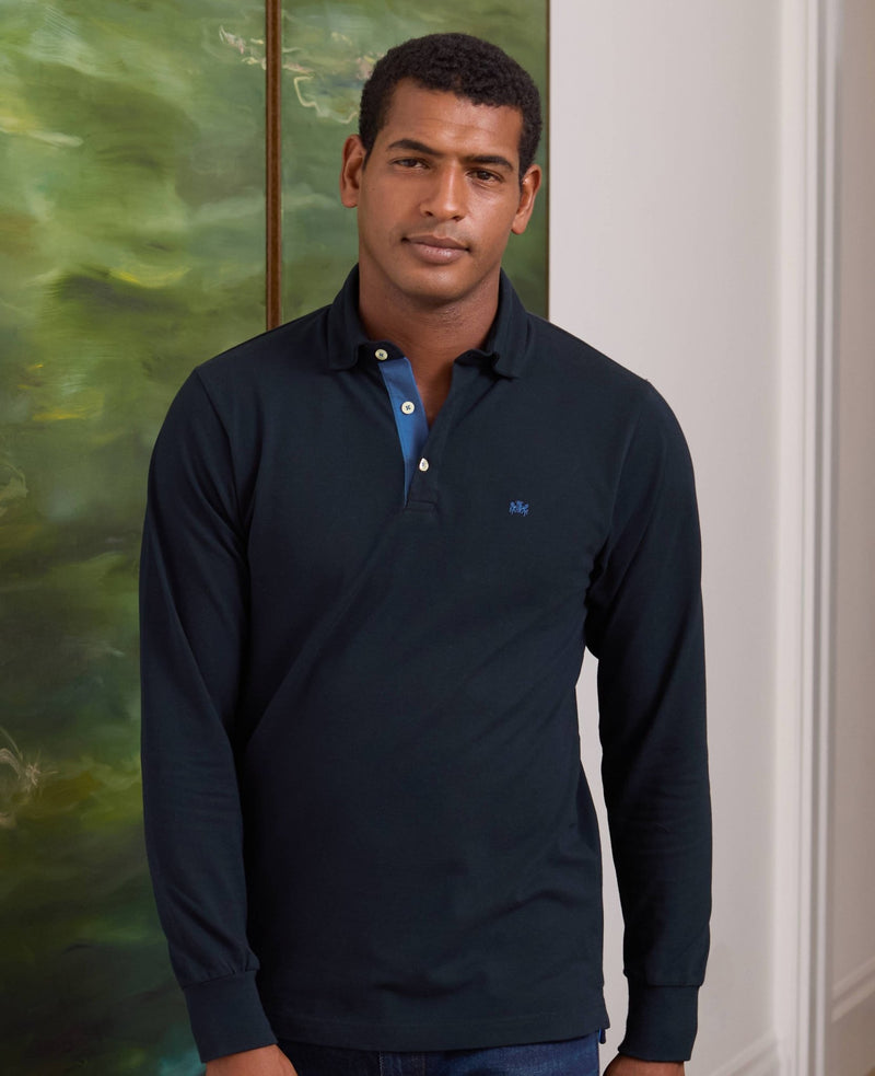 Men's Navy Cotton Pique Long Sleeve Polo Shirt model shot