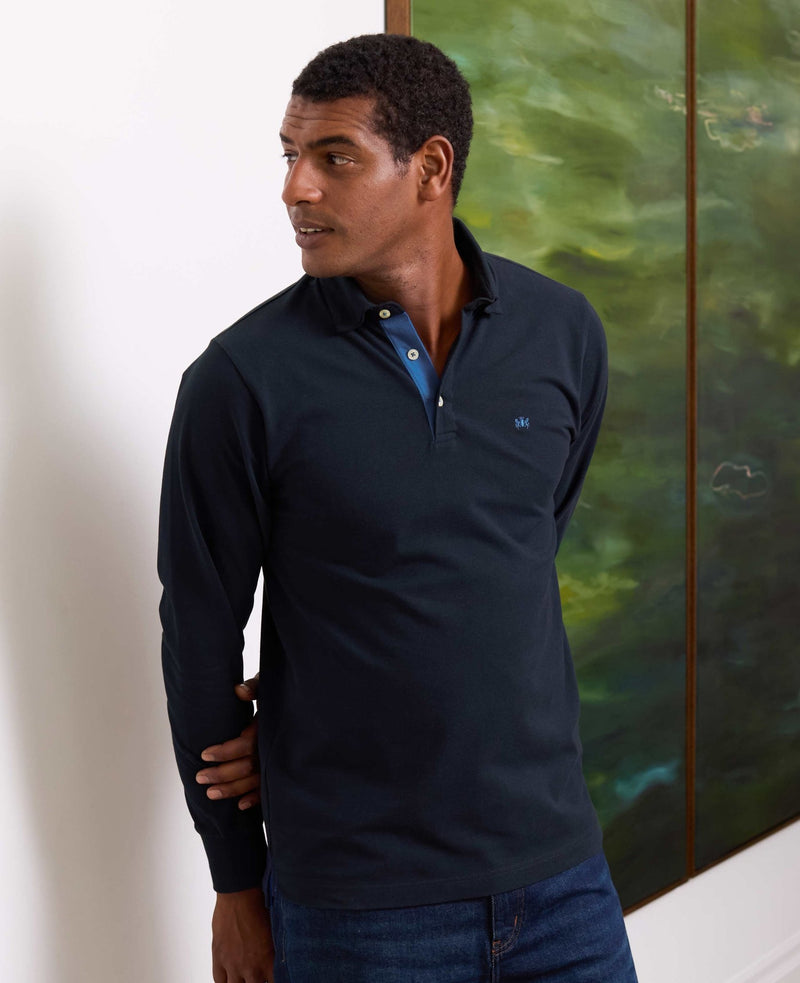 Men's Navy Cotton Pique Long Sleeve Polo Shirt model shot 2