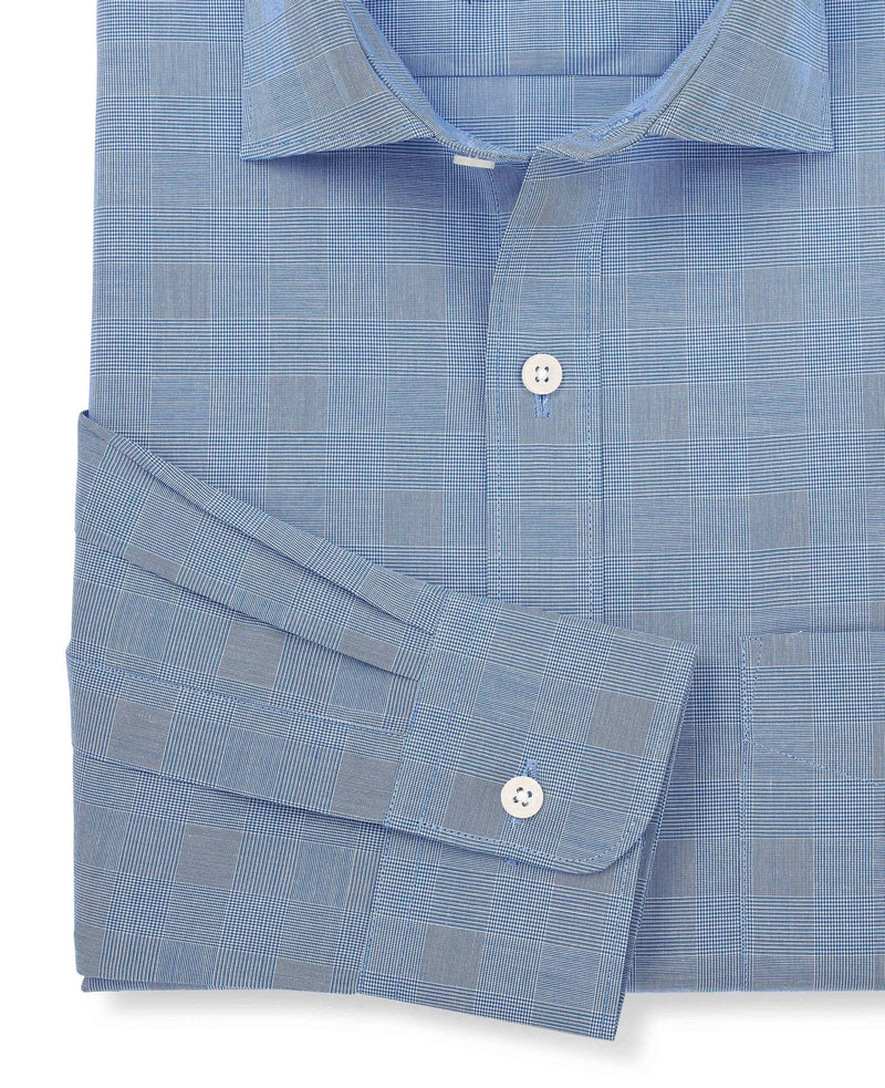 Men's Navy Cotton Prince of Wales Check Classic Fit Formal Shirt sleeve detail
