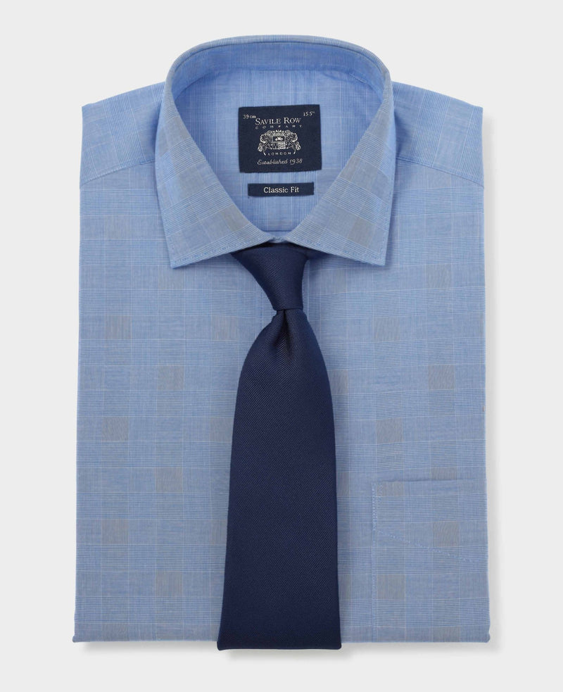 Men's Navy Cotton Prince of Wales Check Classic Fit Formal Shirt folded with tie