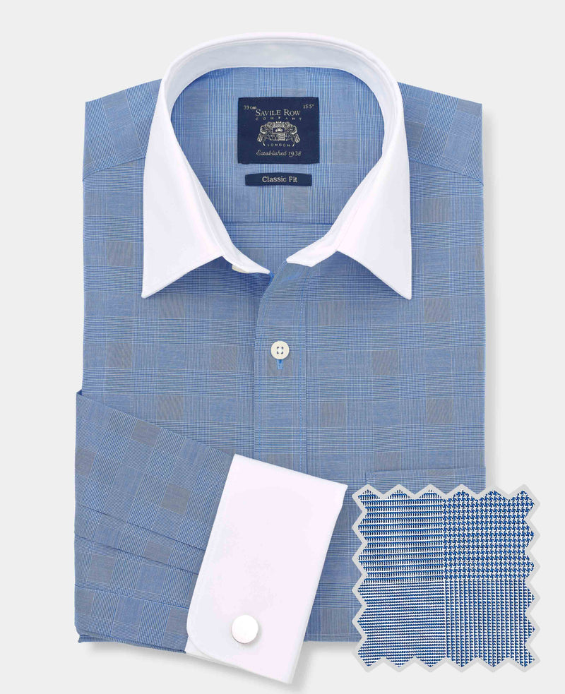Men's Navy Cotton Prince of Wales Check Classic Fit Winchester Formal Shirt folded