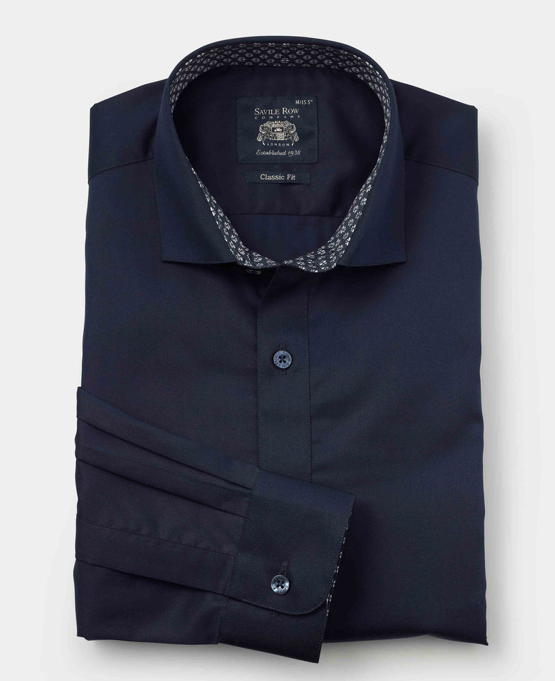 Men's Navy Cotton Twill Classic Fit Smart-Casual Shirt With Single Cuffs folded