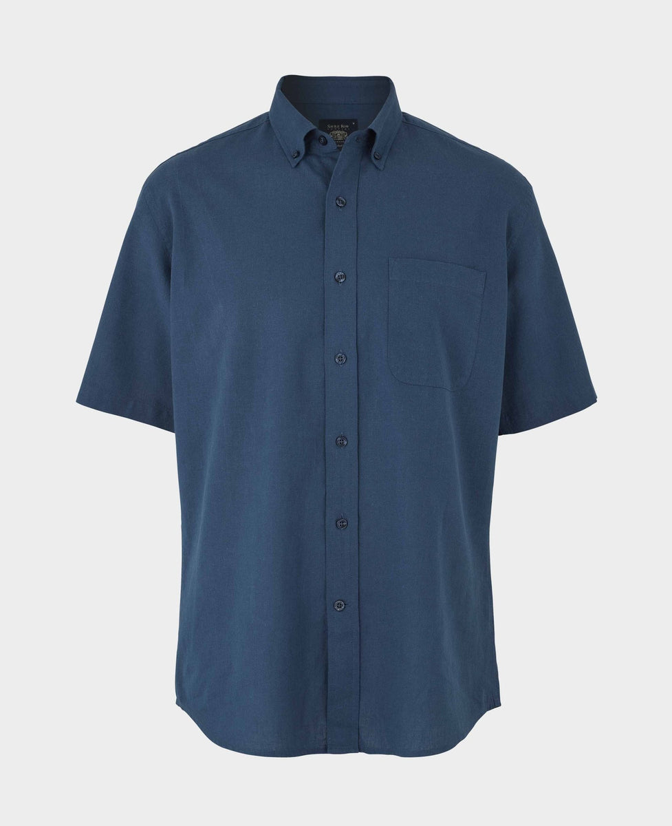 Men's Navy Linen Cotton Classic Fit Button-Down Short Sleeve