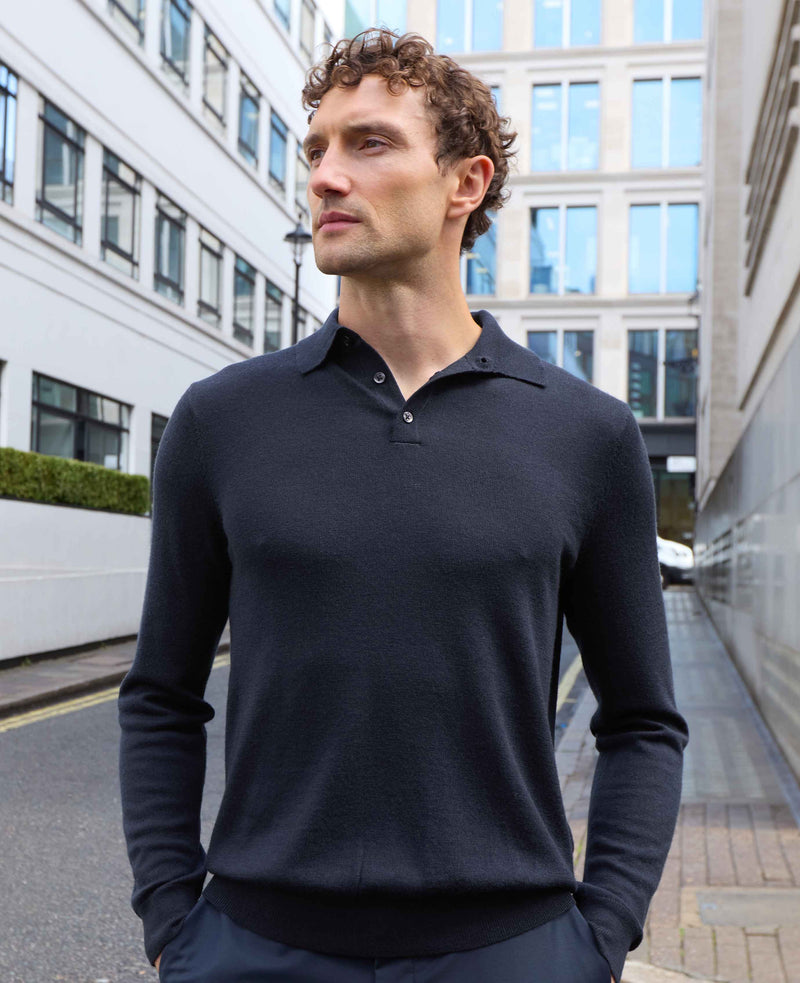 Navy Merino Wool Knitted Polo Shirt