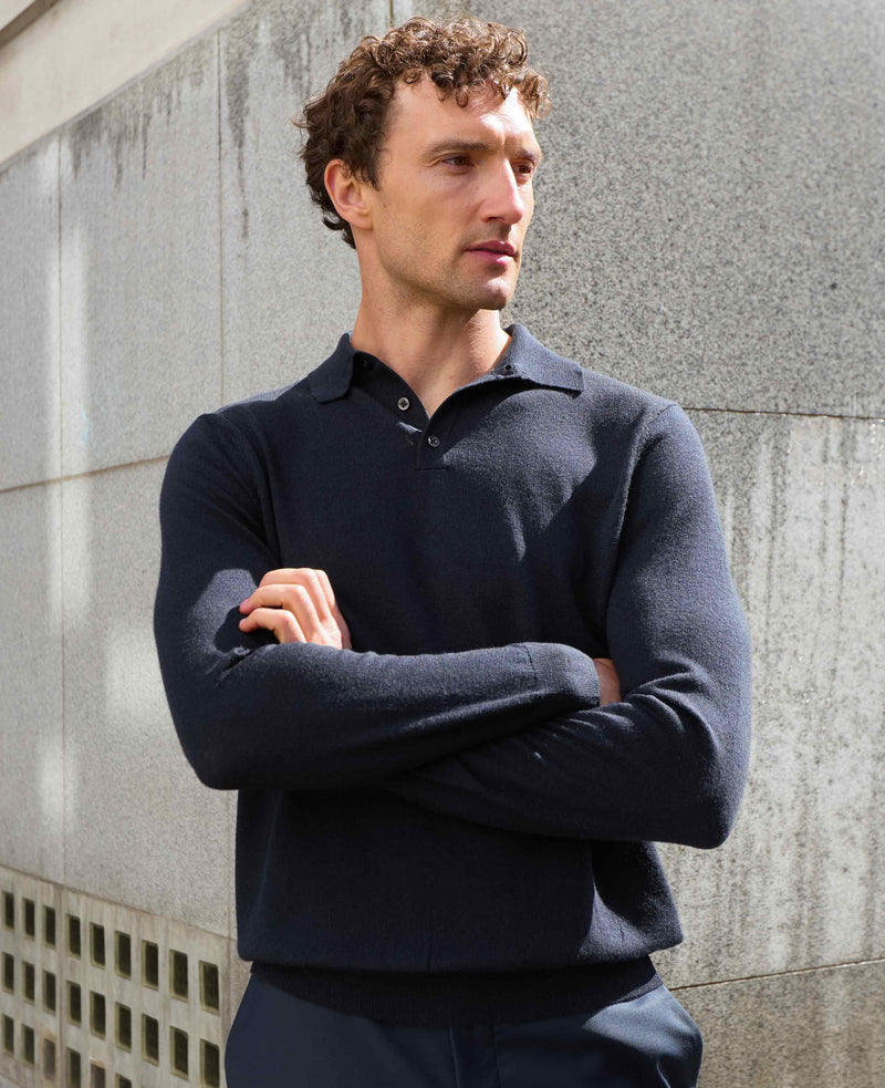 Navy Merino Wool Knitted Polo Shirt