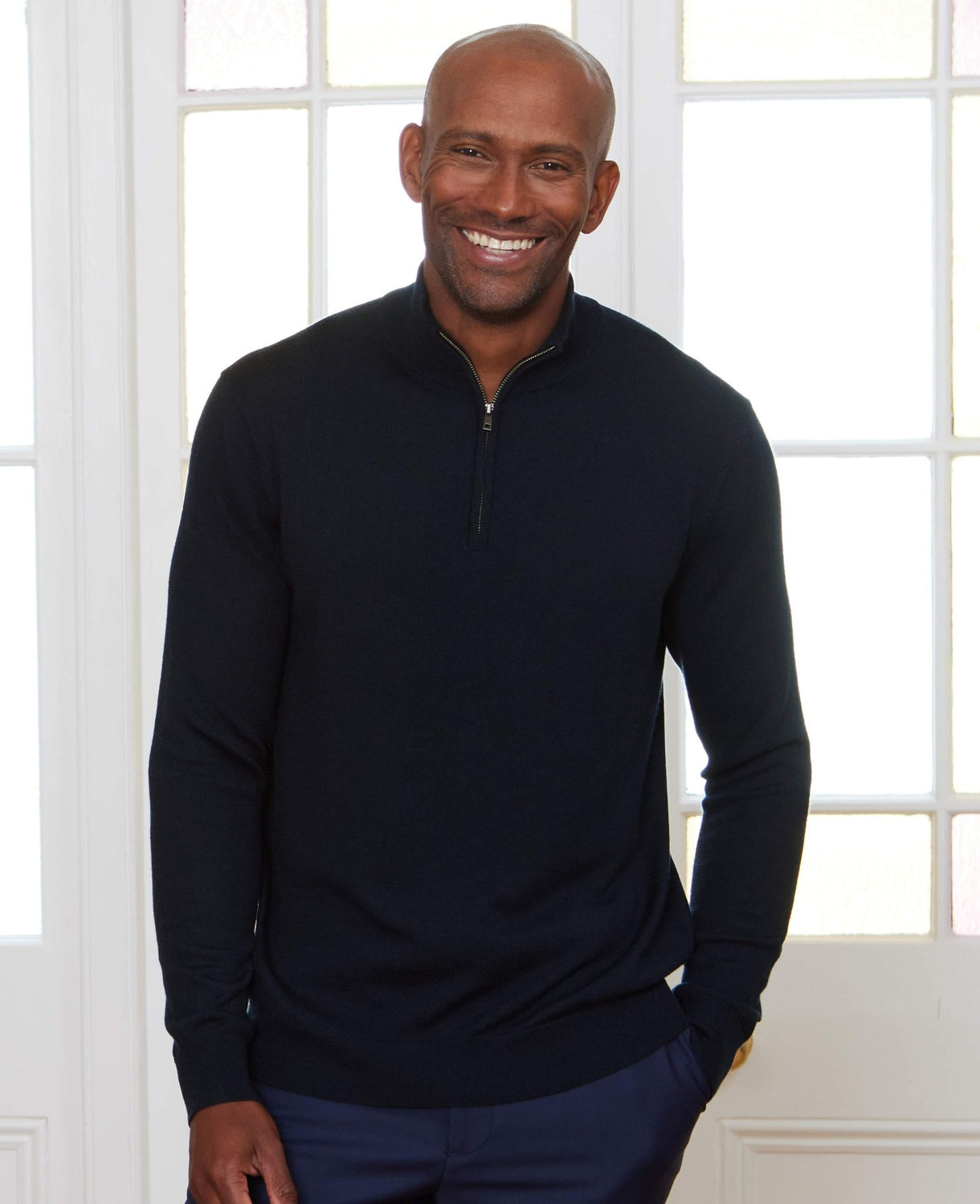 navy merino wool zip neck jumper mkw567nav model image 1