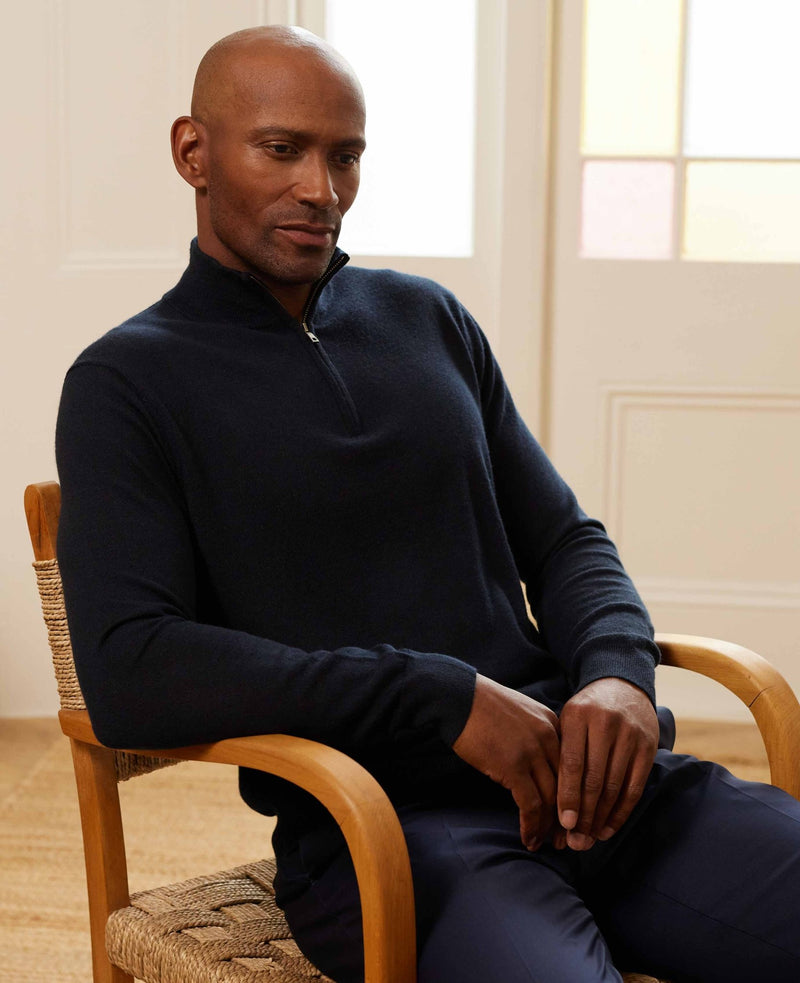 navy merino wool zip neck jumper mkw567nav model image 2