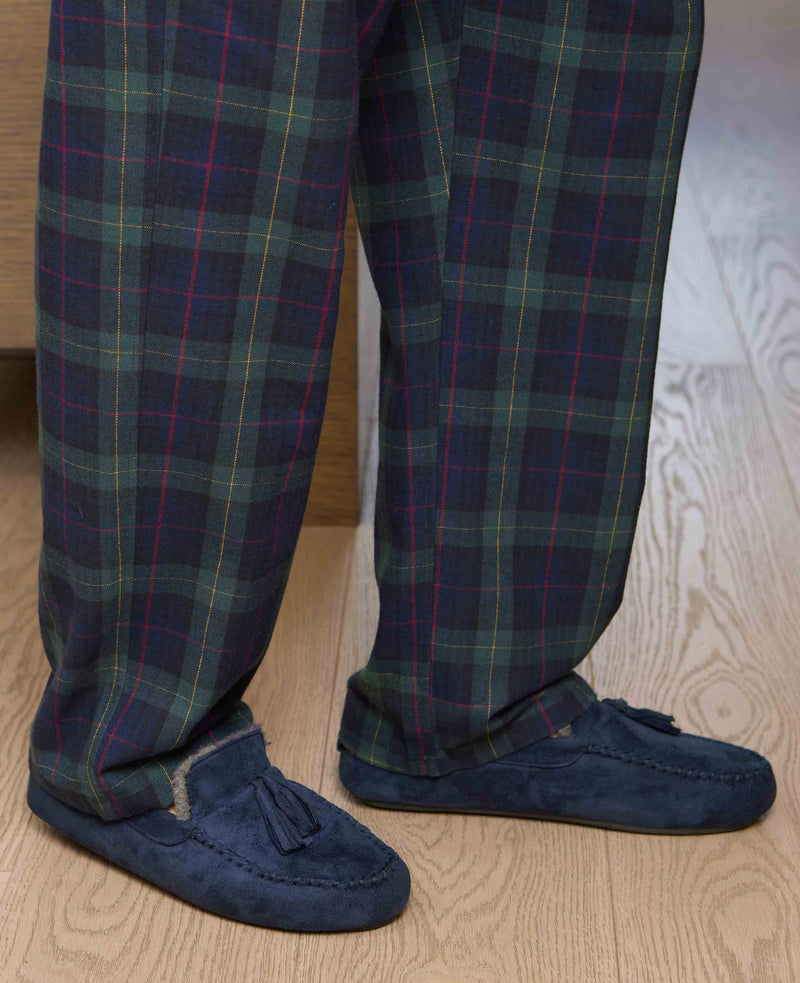 Men's Navy Microsuede Moccasin Slippers model shot 2