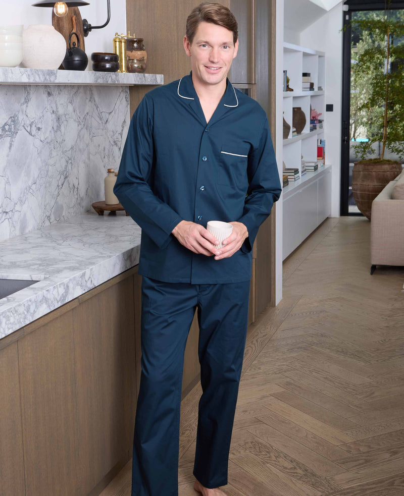 Navy Piped Cotton Pyjamas
